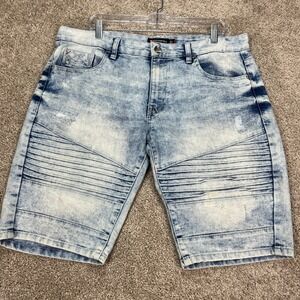 Southpole Mens Slim 34 Denim Shorts Blue Acid Wash Distressed Moto Casual‎